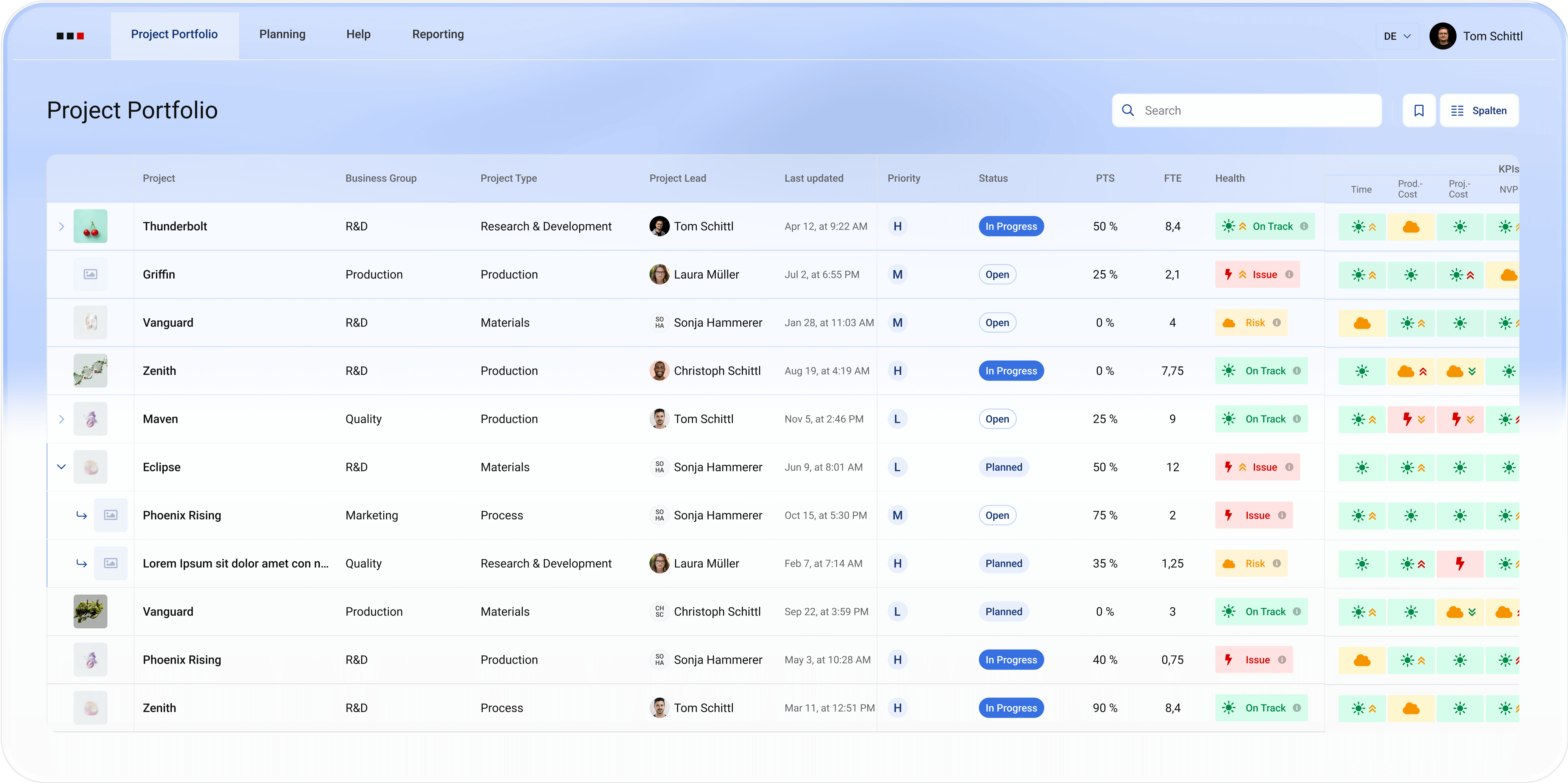 Benutzeroberfläche von ALEAS Projects